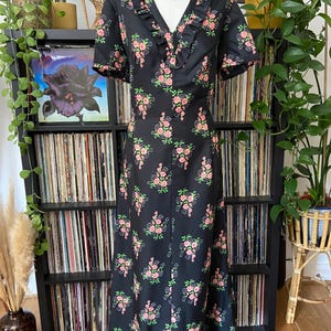 Vintage 1970s Black Pink Floral Maxi Dress