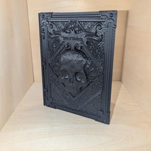 May include: A black book with an ornate, embossed cover featuring a skull and the words "Book of Shadows".