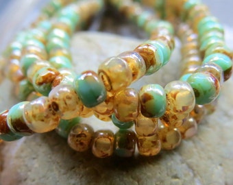Champagne Green Czech Tri Cut Seed Beads: Picasso Finish, Size 6/0