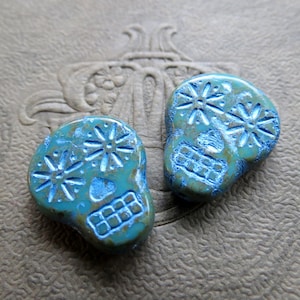 Back In Stock BLUE SUGAR SKULLS . 4 Czech Picasso Glass Skull Beads . 20 mm . Supplies for Jewelry Making