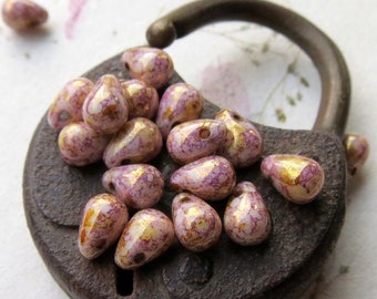 TINY PINK TEARDROPS .  Czech Picasso Glass Beads . 6 mm (25 beads) Supplies for Jewelry Making