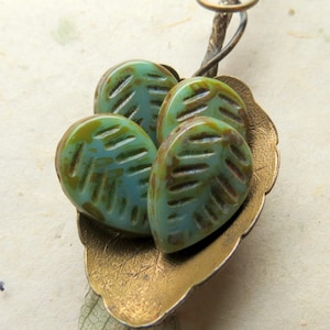 GREEN TEA LEAVES . 6 Czech Picasso Glass Beads . 12 by 16 mm beads . Supplies for Jewelry Making