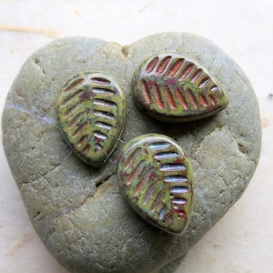EARTHY OLIVE LEAVES . 6 Czech Picasso Glass Beads . 12 by 16 mm beads . Supplies for Jewelry Making