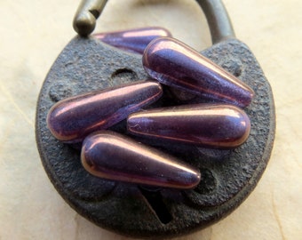 BRONZED PLUM DROPS . 10 Czech Metallic Glass Beads . 15 mm by 6 mm . Supplies for Jewelry Making