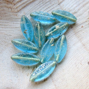 GOLDEN AQUA PETALS . 6 Czech Metallic Spindle Beads . 18 mm by 7 mm beads .  Supplies for Jewelry Making