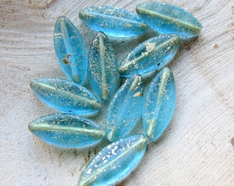 GOLDEN AQUA PETALS . 6 Czech Metallic Spindle Beads . 18 mm by 7 mm beads .  Supplies for Jewelry Making