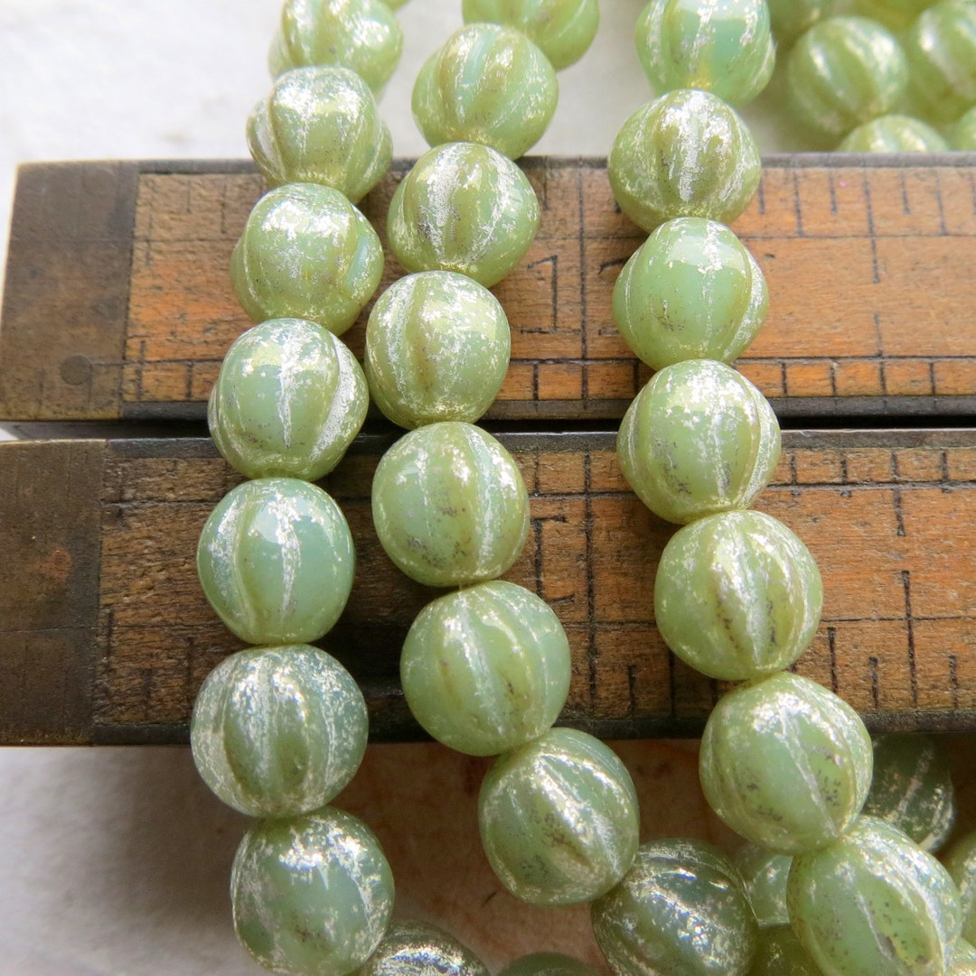 GREEN MERCURY MELONS . 25 Czech Metallic Glass Beads . 6 Mm Beads