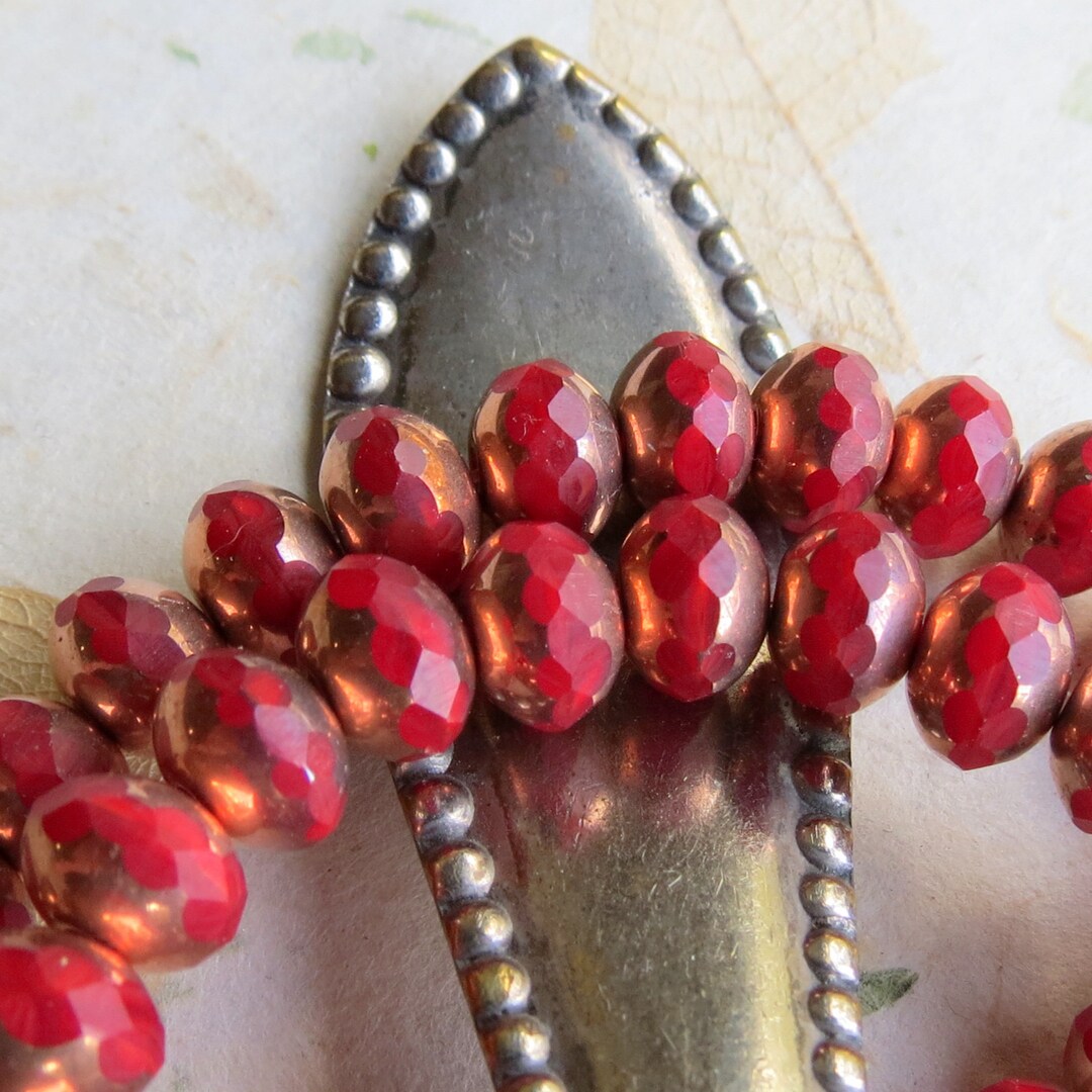 COPPER RED RONDELLES . 12 Czech Picasso Glass Beads . 7 Mm by 4 Mm ...
