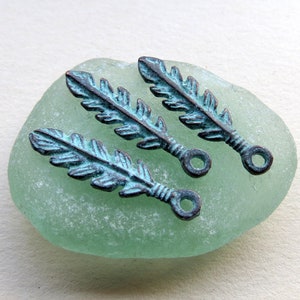 Aged Copper Leaf Feather Charms: Turquoise Patina, Greek Jewelry (2 pc, 27mm x 7mm )