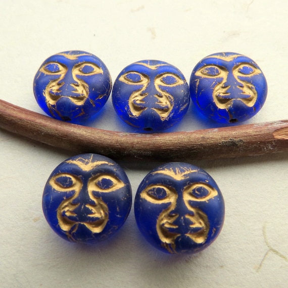 Czech Glass Moon Face Beads: Cobalt Blue With Golden Wash (6 Pc