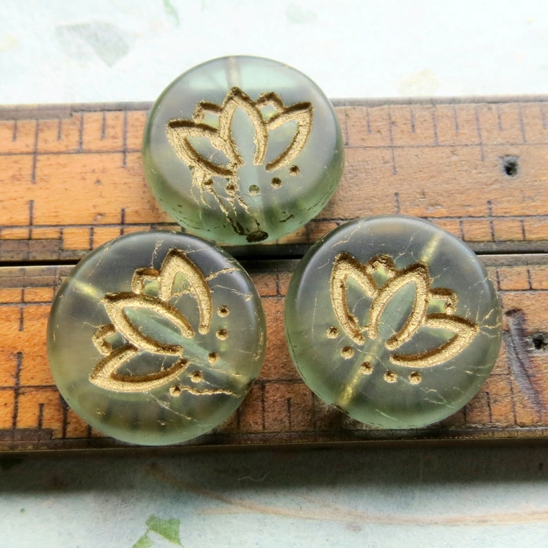 Supplies for Jewelry Making 6 beads New GOLDEN GREEN LOTUS 14 mm Czech Metallic Glass Coin Beads