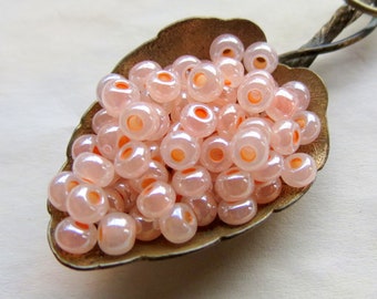 New PEACHY PINK BEADS . 100 Czech Opaque Ceylon Glass Seed Beads . 4 mm beads . Baroque Rocailles. Supplies for Jewelry Making