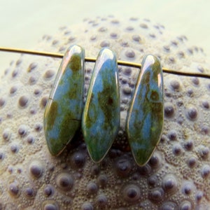 New BLUE LUSTER DAGGERS . 10 Czech Picasso Glass Beads . 16 by 5 mm .  Supplies for Jewelry Making