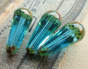 BAJA BLUE DROPS . 4 Czech Picasso Glass Faceted Drop Beads . 20 mm by 9 mm beads . Supplies for Jewelry Making