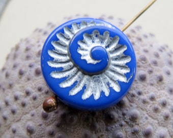 4 METALLIC BLUE FOSSILS . Czech Glass Beads . 18 mm . Jewelry Making Supplies