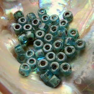 Aqua Picasso Czech Glass Seed Beads: Size 6/0 Tri-Cut Matubo Beads