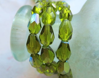 OLIVINE AB DROPS . 25 Czech Faceted Glass Beads . 7 mm by 5 mm beads . Supplies for Jewelry Making