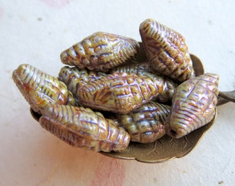 AGED SHINY SHELLS . 6 Czech Picasso Glass Beads . 16 mm by 8 mm . Supplies for Jewelry Making
