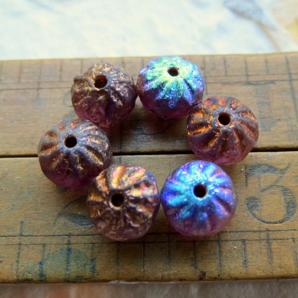 ETCHED ROSEWOOD CRULLERS . 8 Czech Matte Metallic Glass Beads . 10 by 7 mm . Cruller Beads . Supplies for Jewelry Making