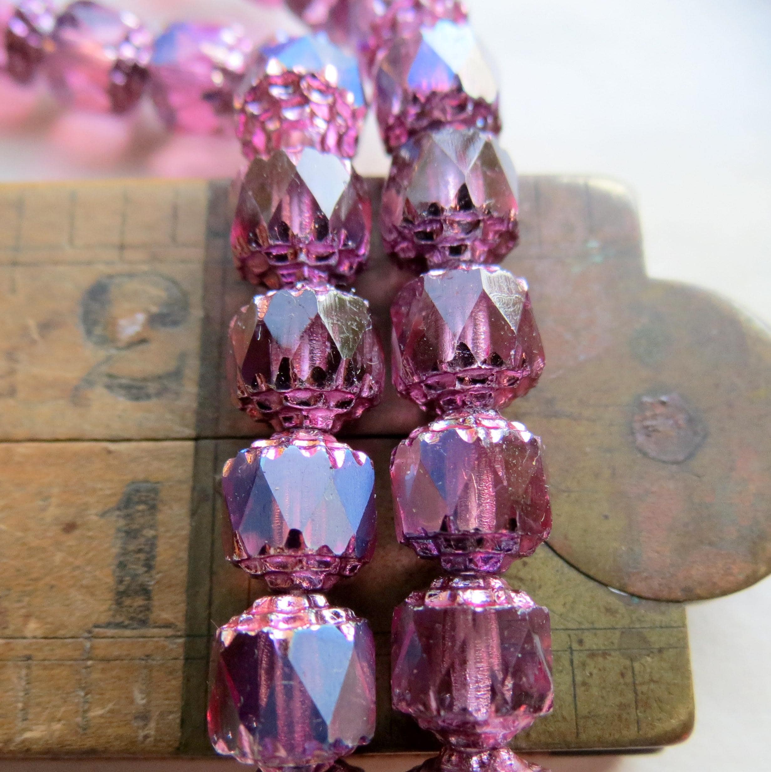 ヴィンテージBOHEMIA GLASS ピンクガラス一点もの 10 Metallic Fuchsia Czech Glass Cathedral Beads: 8mm Jewelry