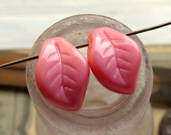 Pink Satin Czech Glass Leaf Beads: Jewelry Making Supplies (10, 14x9mm)
