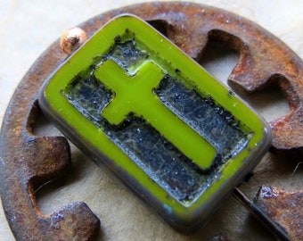 Sale RUSTIC AVOCADO CROSSES . Czech Table Cut Picasso Glass Beads (4 beads) 12 mm by 18 mm . Supplies for Jewelry Making
