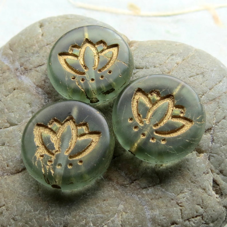 Supplies for Jewelry Making 6 beads New GOLDEN GREEN LOTUS 14 mm Czech Metallic Glass Coin Beads