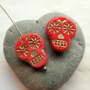 Coral Calavera Skull Beads: Metallic Czech Glass, 20mm (4 pc)