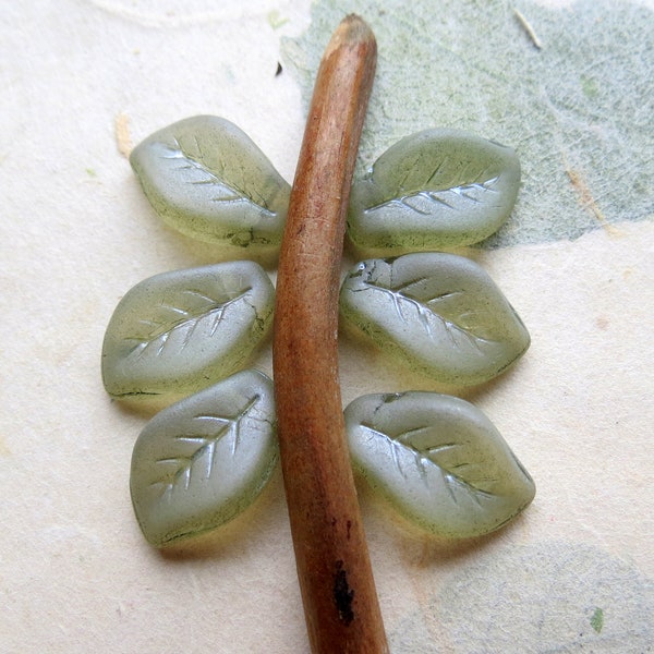 New MATTE GREEN LEAVES . 10 Czech Metallic Luster Glass Leaf Beads . 14 mm by 9 mm . Supplies for Jewelry Making
