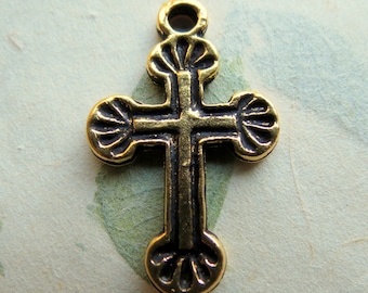 1 Aged Gold Medieval Cross Charm: Greek Jewelry Making Supply (34x20mm)