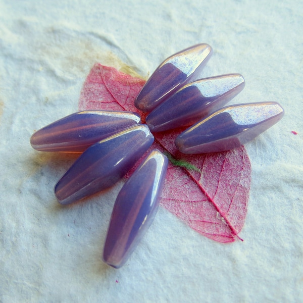 PURPLE OPALINE RHOMBUS . 8 Czech Luster Glass Beads . 19 mm by 7 mm .  Supplies for Jewelry Making