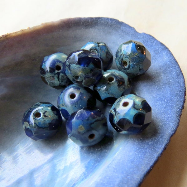 Dark BLUE VIOLET RONDELLES .  10 Czech Picasso Glass Beads . 6 by 8 mm beads . Supplies for Jewelry Making