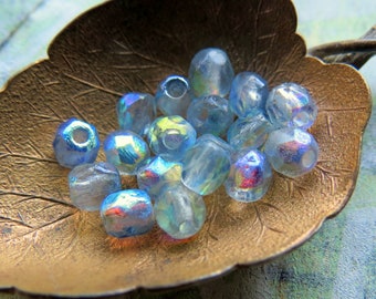 New ETCHED BLUE RAINBOW . 50 Czech Fire Polished Glass Beads . 4 mm . Supplies for Jewelry Making