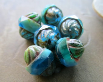 ABALONE COVE TURBINES . 6 Czech Faceted & Polished Picasso Beads . 11 mm . Supplies for Jewelry Making