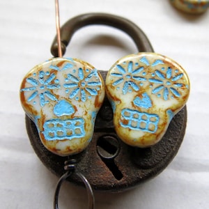 Back In Stock AGED IVORY CALAVERAS . 4 Czech Picasso Glass Skull Beads . 20 mm beads . Supplies for Jewelry Making