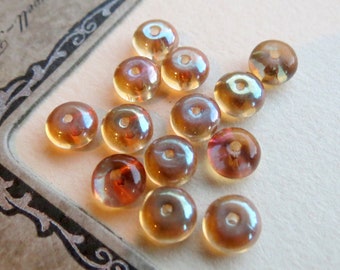 WARM WHISKEY RONDELLES . 30 Czech Luster Fire Polished Glass Beads . 4 mm by 7 mm . Supplies for Jewelry Making