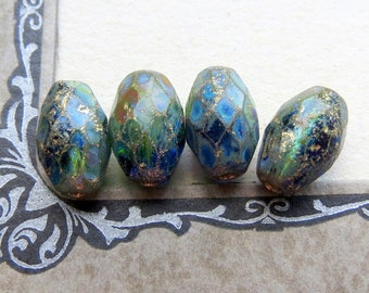 GOLDEN OCEAN OVALS . 6 Czech Metallic Glass Beads . 12 mm by 8 mm beads . Supplies for Jewelry Making