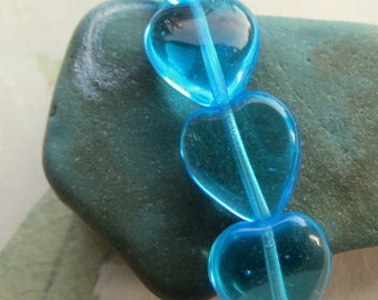 New AQUA BLUE HEARTS  . 4 Czech Pressed Heart Beads . 12 mm beads . Supplies for Jewelry Making