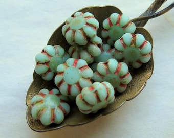 Picasso Etched Czech Glass Flower Beads: Mint Green Blossoms (10, 9mm)