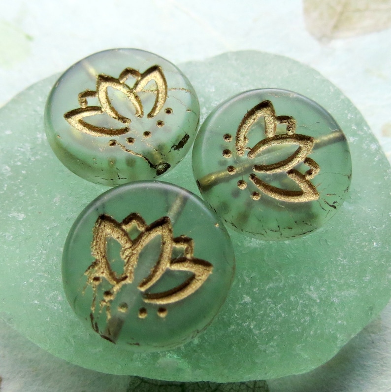 Supplies for Jewelry Making 6 beads New GOLDEN GREEN LOTUS 14 mm Czech Metallic Glass Coin Beads