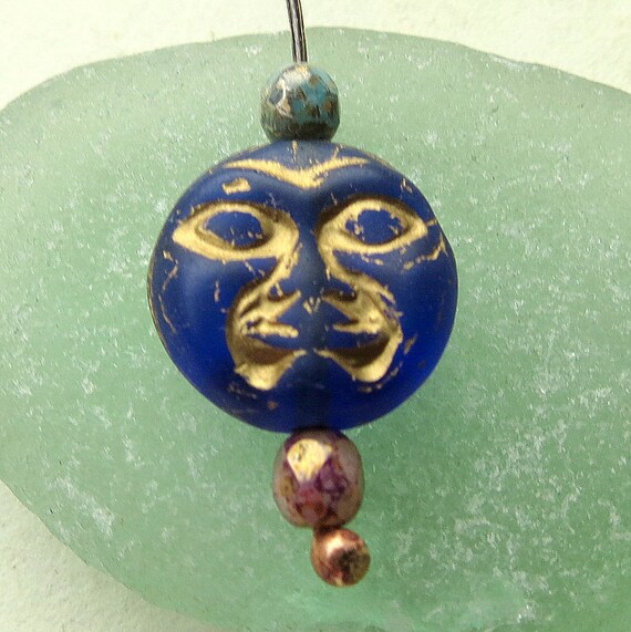 Czech Glass Moon Face Beads: Cobalt Blue With Golden Wash (6 Pc