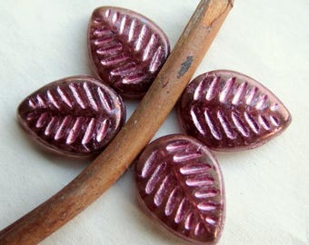 Pink Metallic Czech Glass Leaf Beads (8) 12x16mm