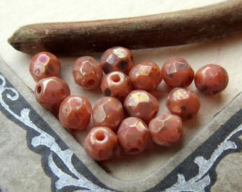 RUSTIC PEACHY PINKS . Czech Fire Polished Picasso Glass Beads . 4 mm  (50 beads) . Supplies for Jewelry Making