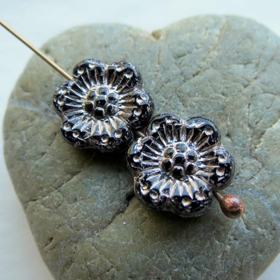 Czech Glass Flower Beads: Jet Platinum Wild Roses (6, 14mm)