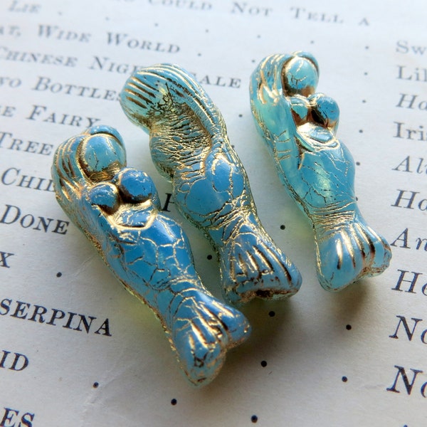 GOLDEN Blue SEA GODDESS  . Czech Pressed Glass Mermaid Beads . 25 mm (2 beads) . Supplies for Jewelry Making