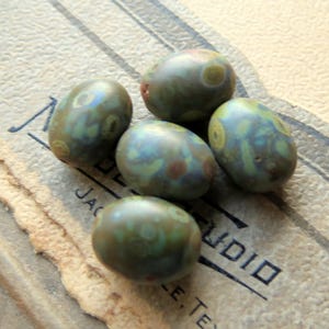 Czech Picasso Oval Glass Beads: Dark Army Green, Sienna, Sage (10 pc)