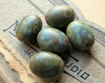 Czech Picasso Oval Glass Beads: Dark Army Green, Sienna, Sage (10 pc)