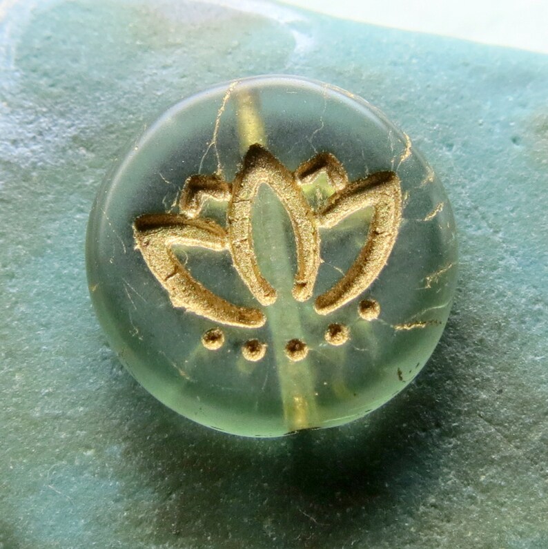 Supplies for Jewelry Making 6 beads New GOLDEN GREEN LOTUS 14 mm Czech Metallic Glass Coin Beads