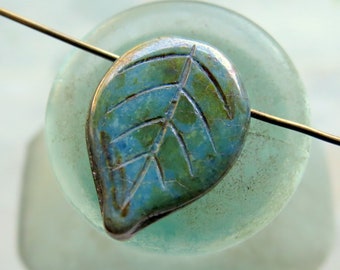 New BLUE LUSTER LEAVES . 6 Czech Picasso Glass Leaf Beads . 13 by 18 mm .  Supplies for Jewelry Making