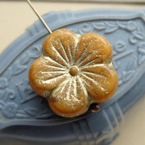 GOLDEN ORANGE FLOWERS  . 2 Czech Metallic Glass Flower Beads . 22 mm . Supplies for Jewelry Making